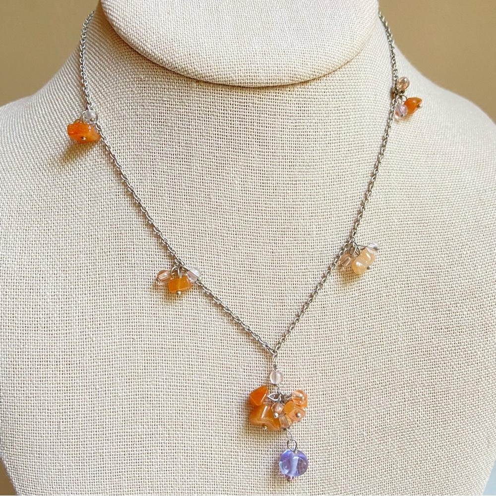 Baked Beads dainty cluster necklace on silvertone chain in glass and acrylic